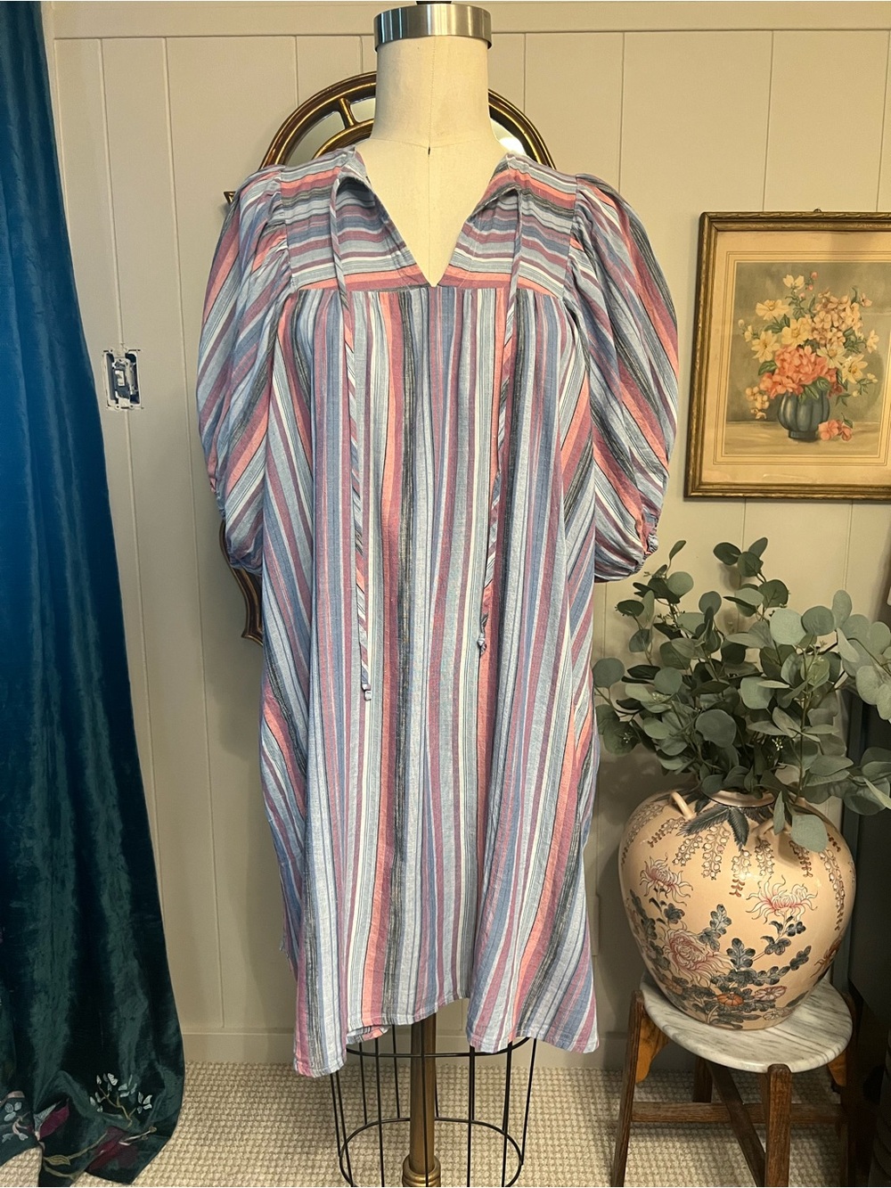 Hand made (by me) Lightweight Striped chambray Blue-red Tunic Dress - pockets!
